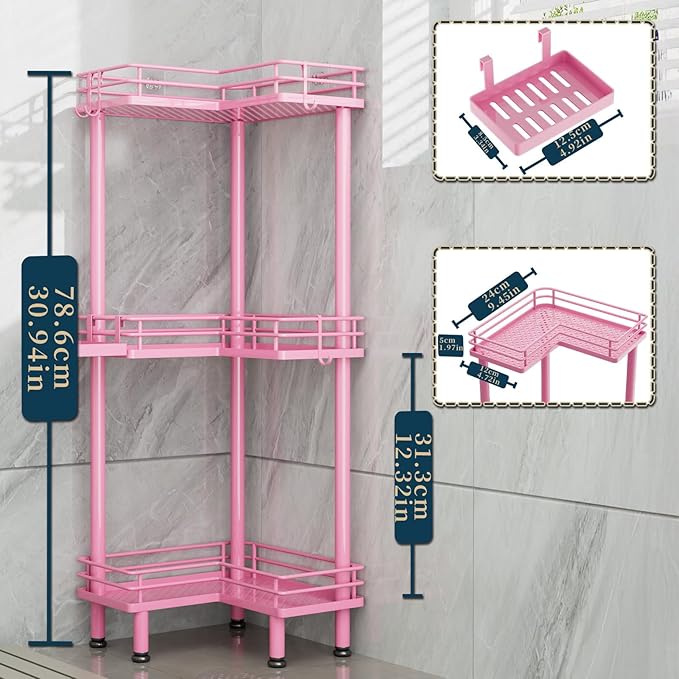 Consumest Corner Shower Caddy Standing - 3-Tier Stainless Steel Shower Organizer with Soap Holder and 4 Hooks, Large Capacity Corner Shelf Stand for Bathroom, Rest Room, Pink