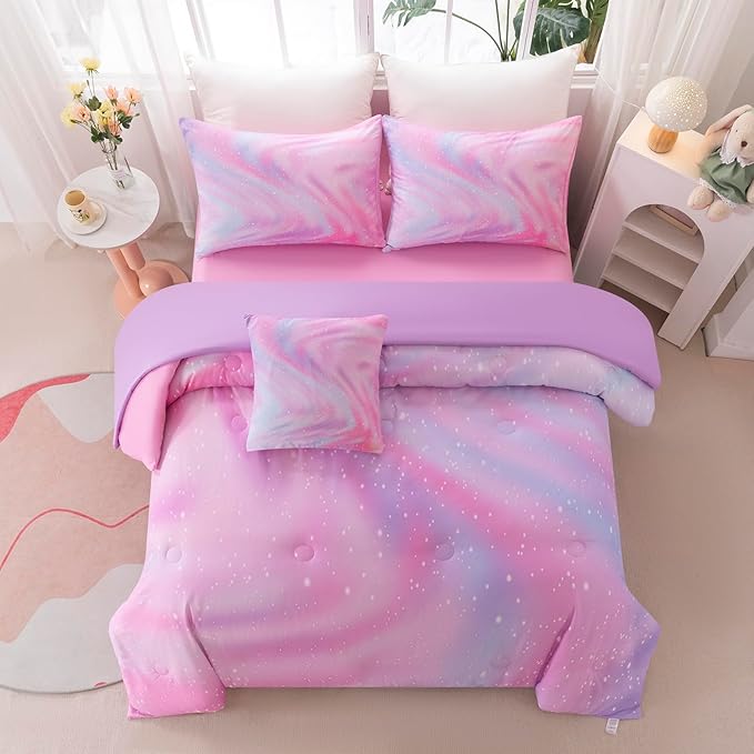 4Pcs Pink Comforter Set Full for Kids Girls, Pink Art Tie Dye Bedding Sets with Sheets, Bed in A Bag Full(1 Comforter, 1 Flat Sheet, 2 Pillowcases)
