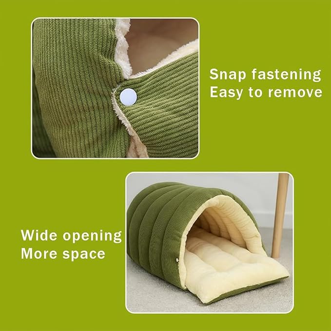 Removable and Washable Winter Closed-Off Cat Bed, Cat Winter Cave, Cute Cat Beds for Indoor Cats, Disassembled Design for Easier Cleaning, with Hair Remover (2PcsGreen, 22.4 * 14.6 * 11.0 in)