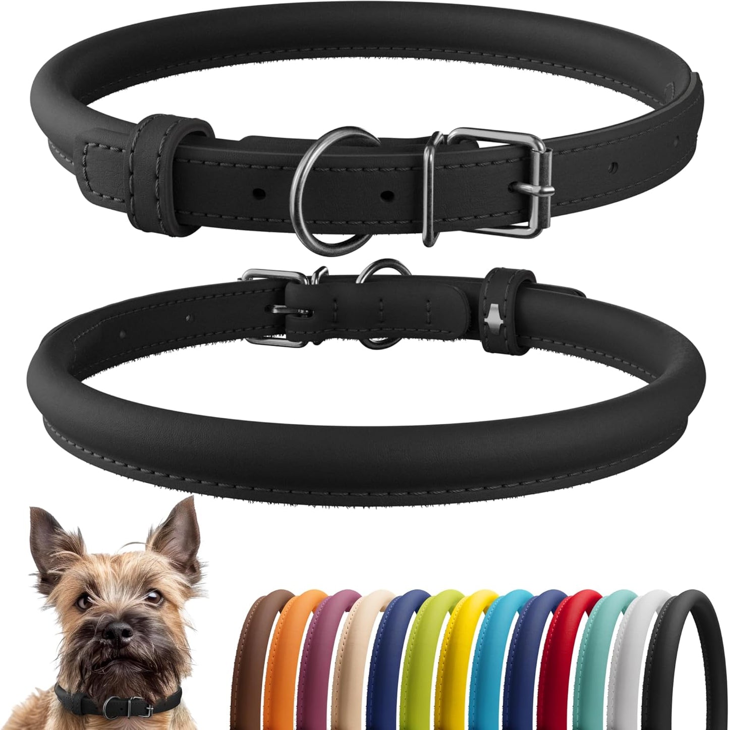 CollarDirect Rolled Leather Dog Collar, Soft Padded Round Puppy Collar, Handmade Genuine Leather Collar Dog Small Large Cat Collars 13 Colors (6 Inch, Black Smooth)