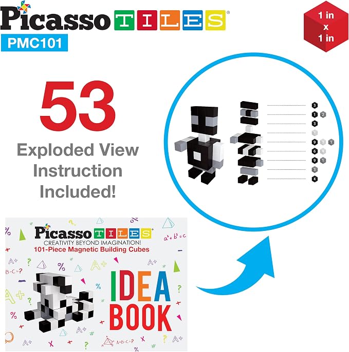 PicassoTiles 101pc Magnetic Puzzle Cube Set Black and White 1 Inch Construction Blocks STEM Educational Toy for Kids Age 3 Plus Sensory Learning Kit with Idea Book for Building and Creativity PMC101
