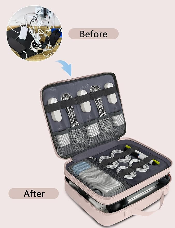 MATEIN Electronic Organizer Travel Case for Women, Double Layers Electronic Accessories Case with Handle, Portable Cord Organizer Travel for Cord, Charger, Phone, Earphone, Tablet, Pink Gift