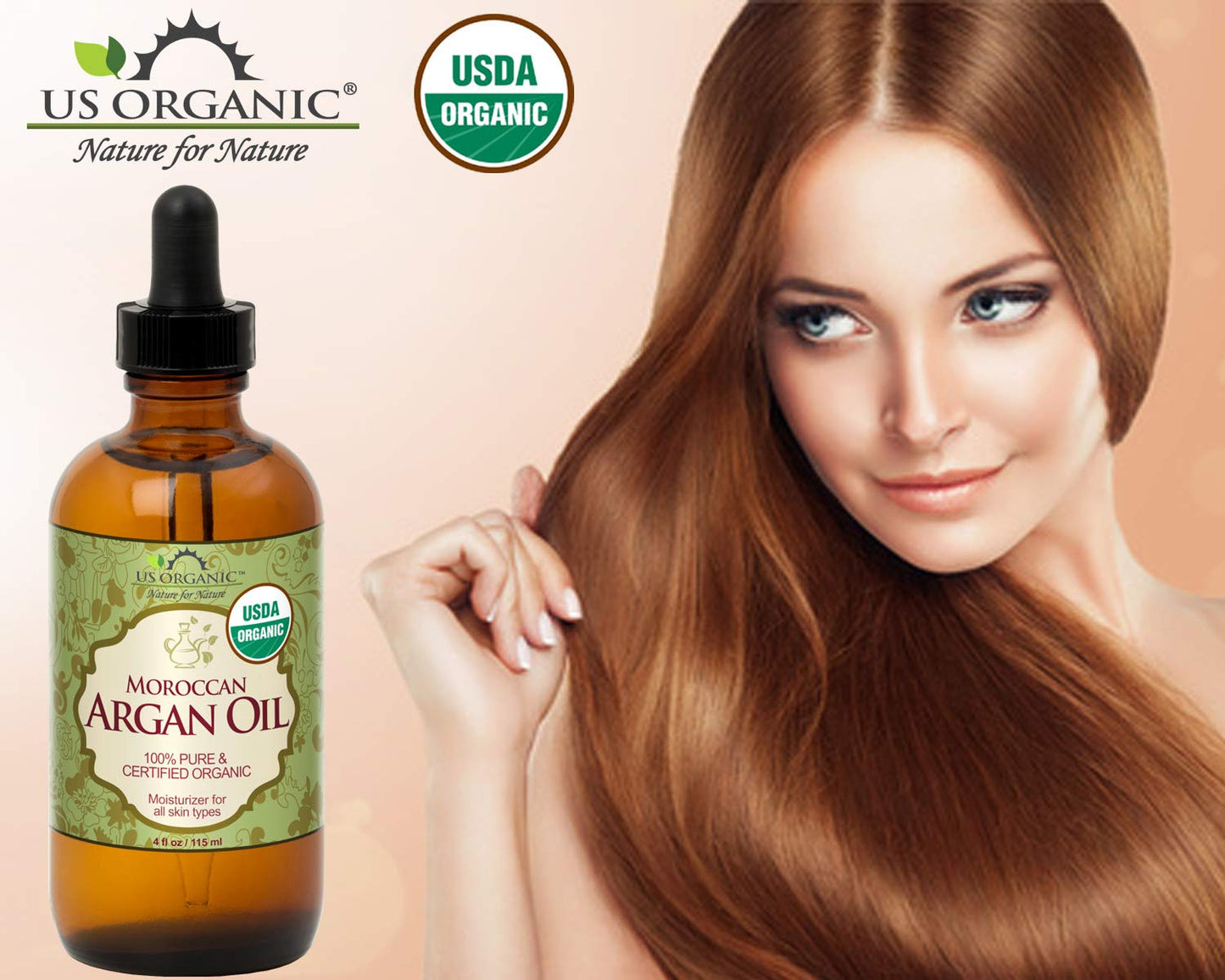 US Organic Moroccan Argan Oil, Cold-Pressed Virgin, USDA Certified, 100% Pure, Unrefined, for Hair, Skin, Nail & Cuticle Care, in Amber Glass Bottle, Sourced from Morocco (4 oz (Large))