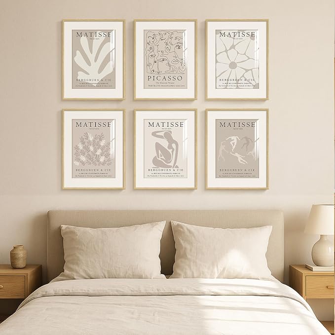 Framed Neutral Abstract Wall Art, 6 Piece Modern Matisse Prints Artwork