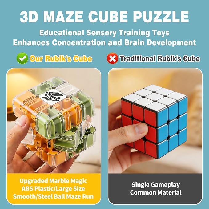 3D Maze Cube Ball Puzzle Brain Teaser for Adults & Kids, Educational Learning Toys Logical Thinking, Family Board Games Tabletop, Durable Puzzle Cube (Green&Brown&White, 2.7x2.7x2.7)