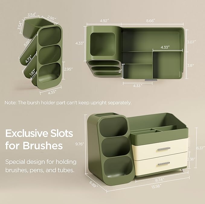 HBlife Makeup Organizer with Brush Holder for Vanity, Large Plastic Bathroom Countertop Organizer Skin Care Storage, Easy to Store Lipsticks, Nail Polishes, Perfumes, Eyeshadow Palettes, Mix Green