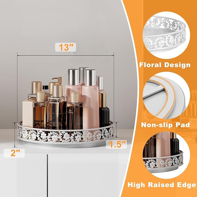 Lazy Susan Turntable Organizer, 13 inch Large Rotating Spice Rack Lazy Susan for Dining Table Top Cabinet Countertop Pantry Kitchen Cupboard Bathroom White