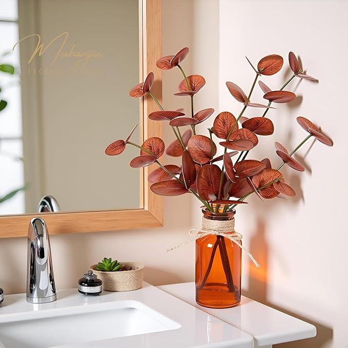 Artificial Eucalyptus Stems in Amber Glass Vase with Faux Water,3Pcs Fake Plant with Double-Sided Terracotta Leaves for Centerpiece (Double-Sided Terracotta Eucalyptus)