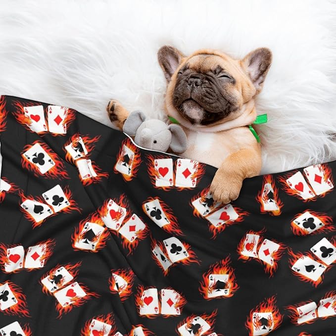 Pet Blanket for Indoor Outdoor Use, Poker Playing Cards, Two Sided Reversible Plush Mat with Bumpy Dot Texture for Patios Crates Portable Bed Companion