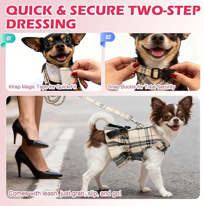 EXPAWLORER Dog Harness Small Medium Sized Dogs, Plaid Dog Dress Bowknot Harness and Leash Set, No Choke No Pull Soft Mesh Vest Cute Princess Puppy Outfits Clothes Costume for Girls Party Cats Pink XS