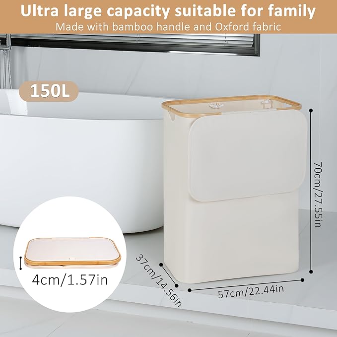 150L Laundry Basket with Lid, Large Laundry Hamper with Bamboo Handle, Collapsible Dirty Clothes Hamper Organizer with Removable Inner Bag for Clothes Toys Towels - Beige