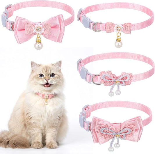 Jeffdad 4 PCS Cute Pearl Cat Collar with Bow, for Girl Cats Pink Cat Bows & Accessories Breakaway Safety Cat Bowtie Collar