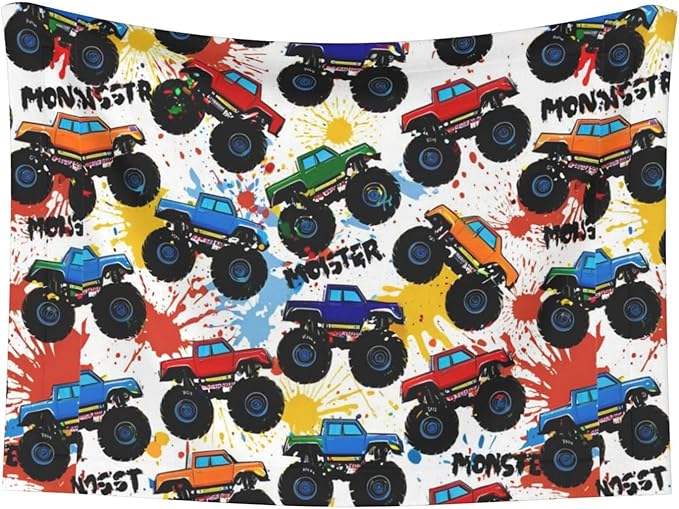 Dog and Cat Blanket in One, Grunge Monster Truck Car Art, Double Sided Plush Throw with Raised Dot Pattern on One Side and Flat Velvet on Other for Variety