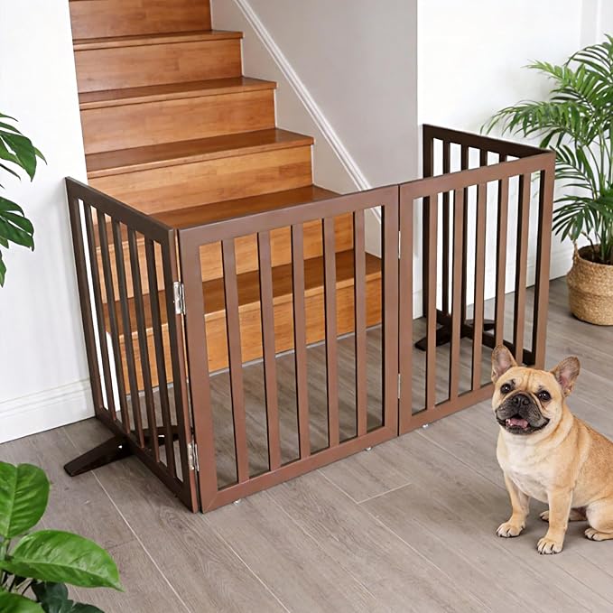 ZJSF Freestanding Indoor Dog Gate for House Foldable Wood Puppy Gate for Doorways Pet Gate for Stairs Extra Wide Pet Fence, Brown, 32" Height 4 Panels
