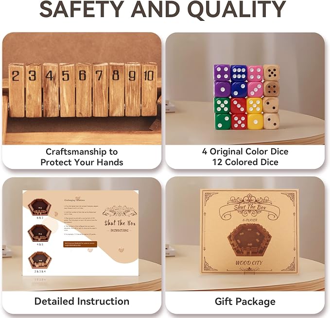 WOOD CITY Shut The Box Game Wooden for 6 Players, Close The Box Math Game for Kids Adults with 16 Dice, 6 Way Tabletop Quick Board Game for Family Friends 3+ Years Old in Classroom, Party or Pub