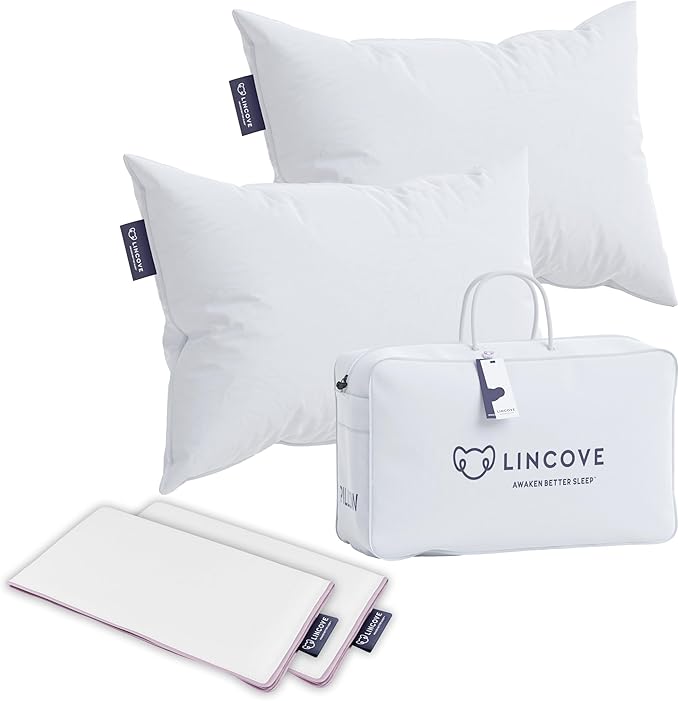Lincove Recreation Sleeping Pillow, Filled with Premium Down, 600 Fill Power – Includes A Pillow Protector, 400 Thread Count Pillow Shell, Standard - Firm, 2 Pack