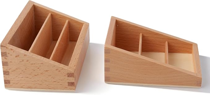 Montessori Three Part Box 2pcs– Solid Beechwood 3-Compartment Storage Tray for Language Cards, Classification & Organization, Montessori Classroom Homeschool Materials for kids