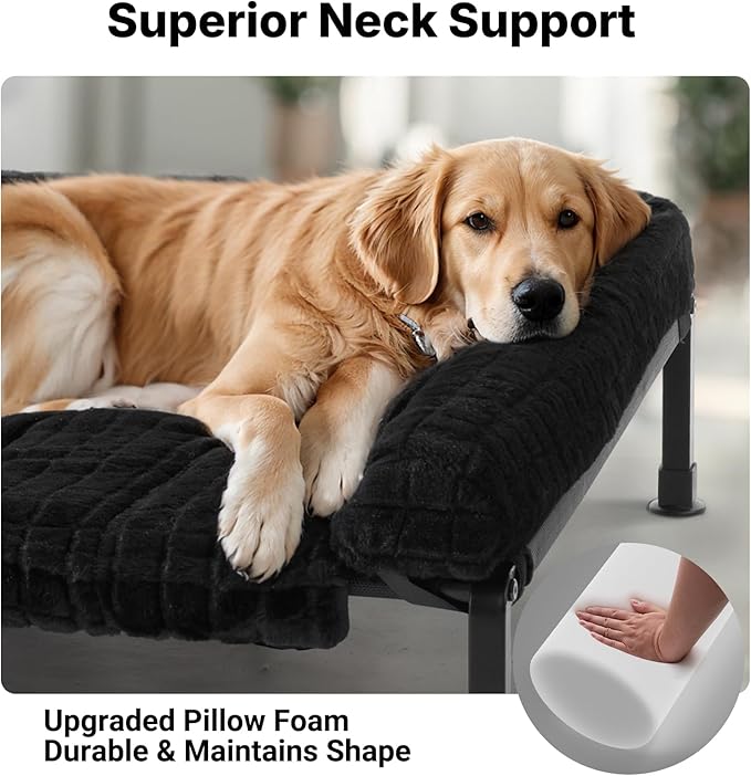 Veehoo Elevated Dog Beds Large Sized Dog with Fluffy Plush Bolster Cushion, Washable Orthopedic Dogs Couch Bed, Raised Pet Cot with Removable Mat, Breathable Mesh, No-Slip Feet, 59 x 37 inches, Black