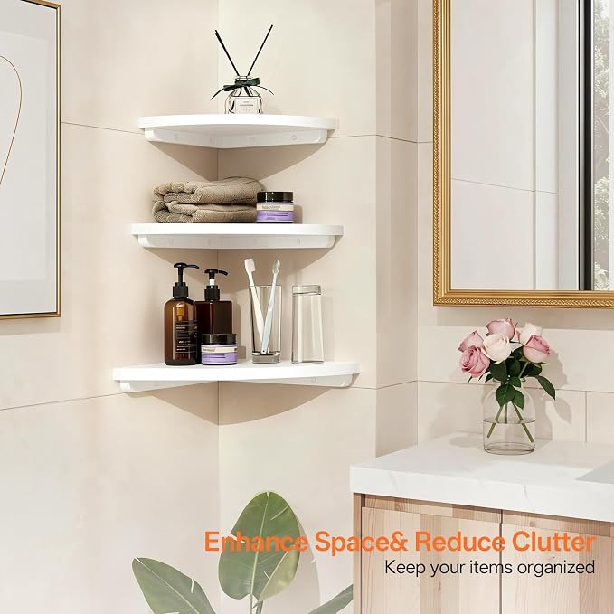 Gieanoo White Corner Wall Shelf 7inch Solid Oak Wood Floating Corner Shelf