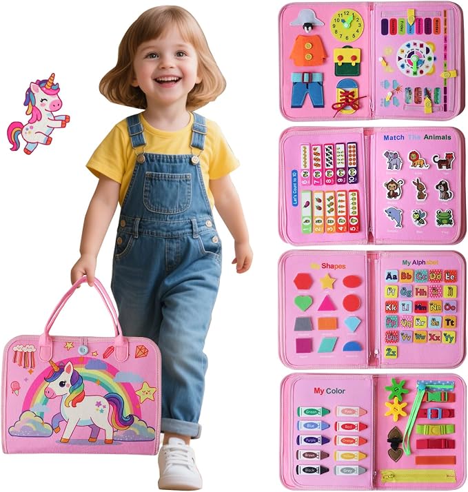 Montessori Toddler Busy Board Toys, Girls Unicorn Learning Sensory Toy, Toddler Travel Toy, Children's Educational Activity Busy Book, Birthday Gift (Pink)