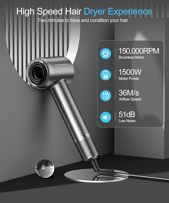 Cosy Companions Hair Dryer - Negative Ionic Blow Dryer with 150000 RPM High Speed Brushless Motor for Fast Drying, Low Noise, HD Display Hair Dryer with Diffuser and Nozzle, 5 Temps & 2 Speeds