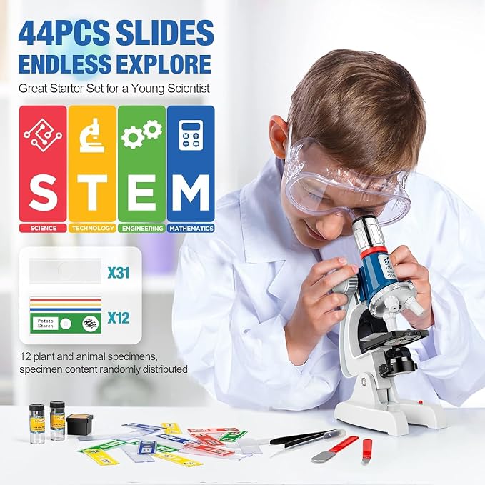 58-Piece Kids Microscope Kit - 100X-1200X Magnification, Metal Body, LED Light, Carrying Box - Science Experiment Toy for Kids Ages 5-12