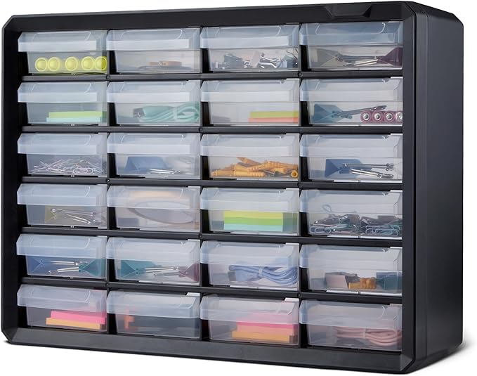 Amazon Basics Storage Cabinet, 24-Drawer Plastic Organizer with Dividers for Office/Craft/Tools, Wall Mountable, 6.3 x 21.3 x 15.8 inch, Black