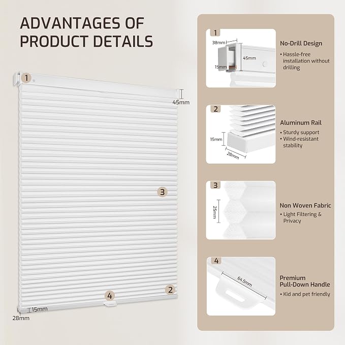 Grandekor No Drill No Tools Cordless Cellular Shades, 32.5" W x 64" H, Light