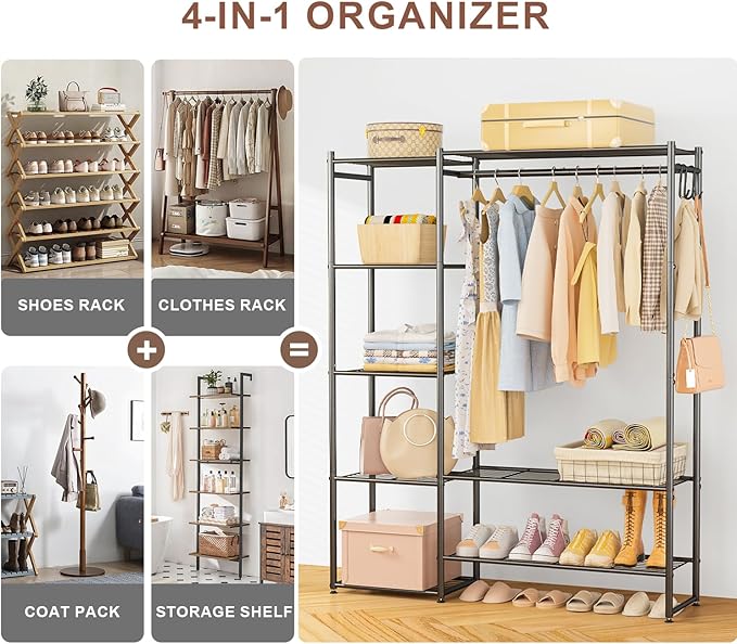 Wardrobe Closet, Portable Clothing Rack for Hanging Clothes, Free Standing Closet Organizers and Storage System with 4 Tiers Shelves for Cloakroom Bedroom, Black