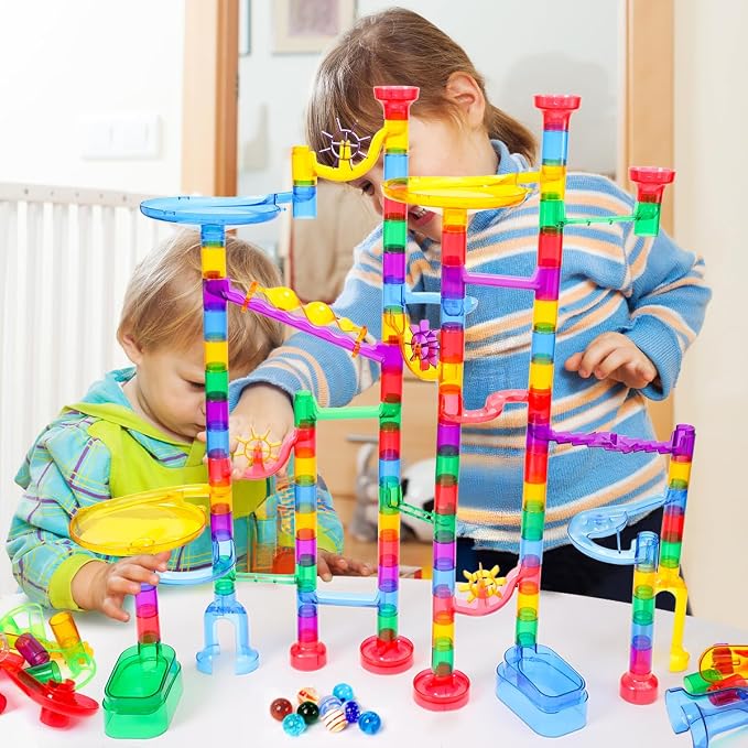 Meland Marble Run - 208Pcs Marble Maze Game Building Toy for Kids, Marble Track Race Set & STEM Learning Toy Gift for Boy Girl Age 4 5 6 7 8 9+(142 Pcs + 60 Glass + 5 Led Lighted Marbles)