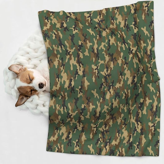 Double Sided Pet Bed Blanket for Added Cushion Warmth, Green Camouflage Army Camo, Reversible Cover with Textured Dot Surface for Existing Beds Standalone Mat
