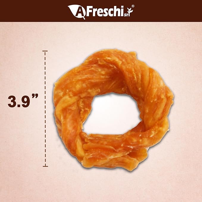 A Freschi srl Turkey Tendons for Dogs, USA-Sourced, Healthy Dog Treats, Rawhide-Free Puppy Chews, Long Lasting, All Natural, Hypoallergenic Dog Treats for Large Breeds, 10 oz Pack Ring (L)