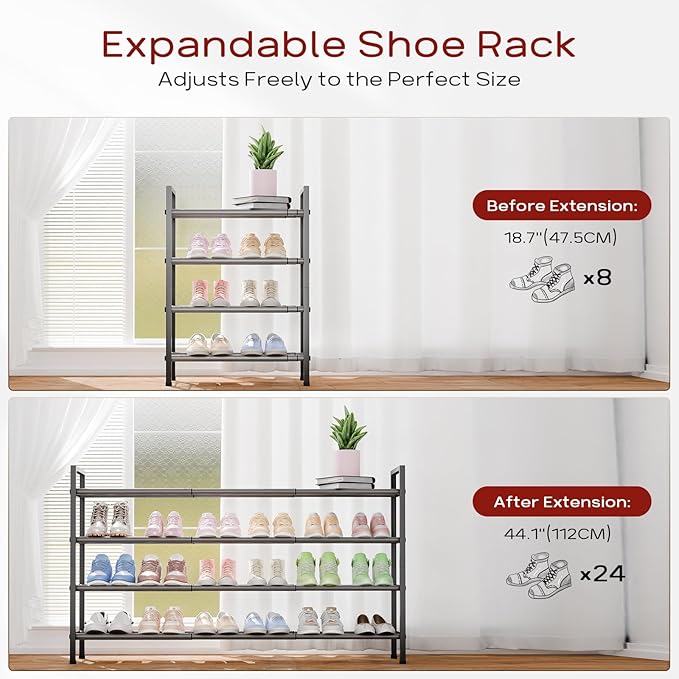 Bumusty 4-Tier Long Expandable Shoe Rack for Closet, 18"-44" Adjustable Shoe Rack for Small Space, Small Shoe Organizer for Front Door, Sturdy Metal, Grey