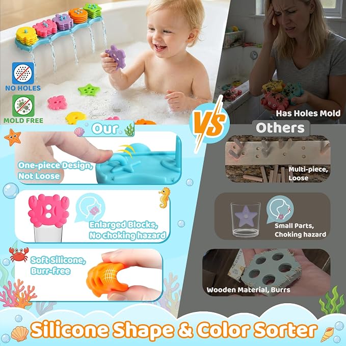 Mold Free Bath Toys for Kids Ages 1-3 Silicone Ocean Shape Sorters Toy | 21 Color Floats Sorting Stacking Bath Toys Toddlers 2-4 Early Learning Baby Shower Gifts for 1 2 3 4 Year Old Girls & Boys