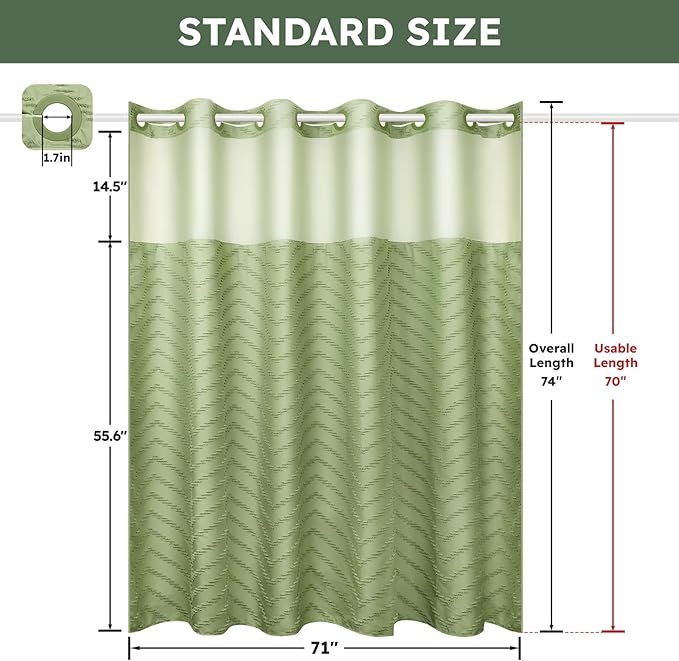 No Hook Shower Curtain and Snap in Liner Set Sage Green Tufted Chevron Striped Cloth Waterproof Washable Fabric Boho Bath Curtain with See Through Mesh Top Window for Bathroom Hotel 71" x 74"