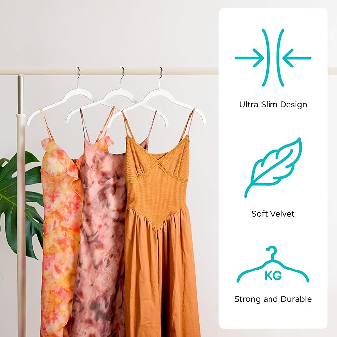 Premium Velvet Shirt Hangers 30 Pack, Non-Slip 360° Swivel Hook Slim Felt Hanger, Space Saving Flocked Hangers for Tank Tops, Blouses, Strappy Dresses(White)