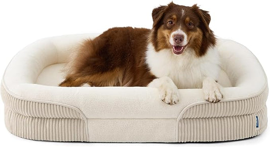 Bedsure L Plus Orthopedic Dog Beds Large Sized Dog - 360° Oval Bolster Large Dogs Bed for Senior Dogs with Waterproof Washable Cover, Big Comfort Pet Sofa Couch with Ultra-Soft Fleece, Beige, 38"