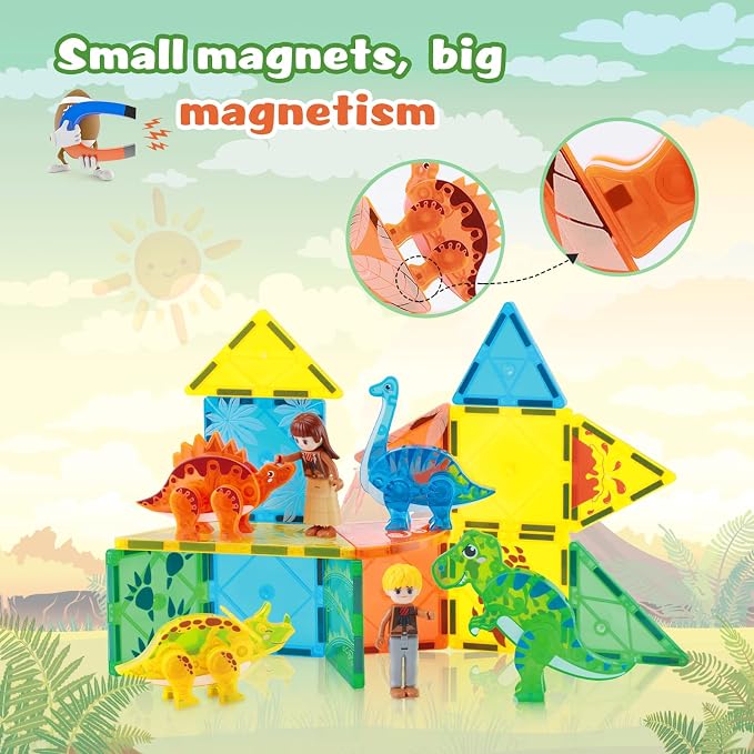 BENOKER Dinosaur Magnetic Tiles, Animals Magnet Building Blocks Toys Gift | 49P Dinosaur magnetic tiles to build vivid dino world scenes. Educational STEM playset, wonderful birthday gift for kids
