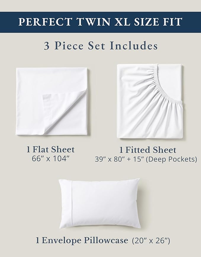LANE LINEN 100% Organic Cotton White Twin XL Sheets Set 3-Piece Pure Percale Soft Bedding Breathable Fits Mattress Upto 15" Deep