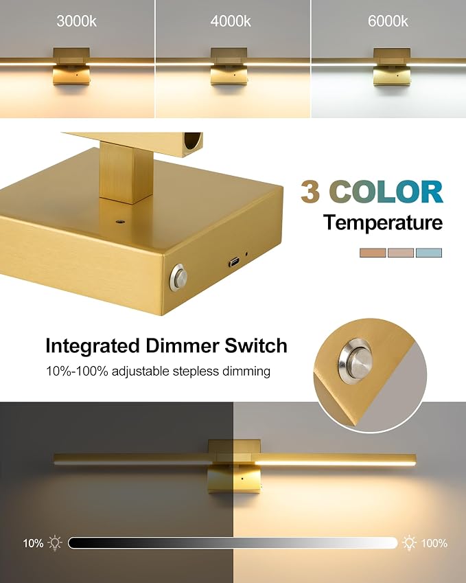 Rayogale 8000mAh Battery Operated Wall Sconce, 3000K/4500K/6000K Dimmable Gold