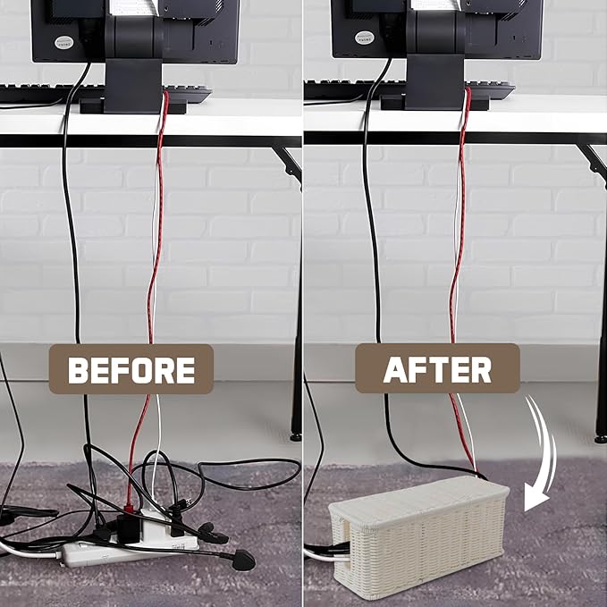 Cable Management Box, Handmade Rattan Cable Organizer with 2 Open Slots, Cord Hider for Power Strip, Router & USB Hub, Registered U.S. Design Patent (D1,112,102), 13" x 5.1" x 5.1", White