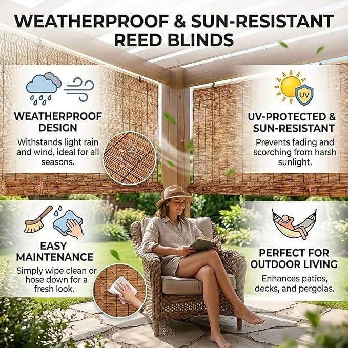 Bamboo Blinds for Patio, Outdoor Bamboo Roll up Shades, Waterproof Cordless