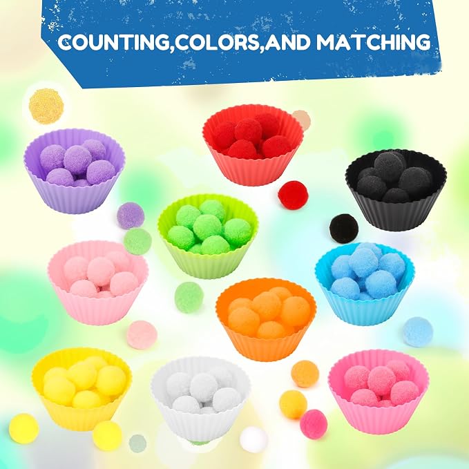 114 PCS Fine Motor Skills Sensory Bin Filler | ncludes 10 Sorting Bowls, 100 Pom Poms, 2 Tweezers, 2 Scooper Scissors for Kids Early Education, Counting Sorting Training De