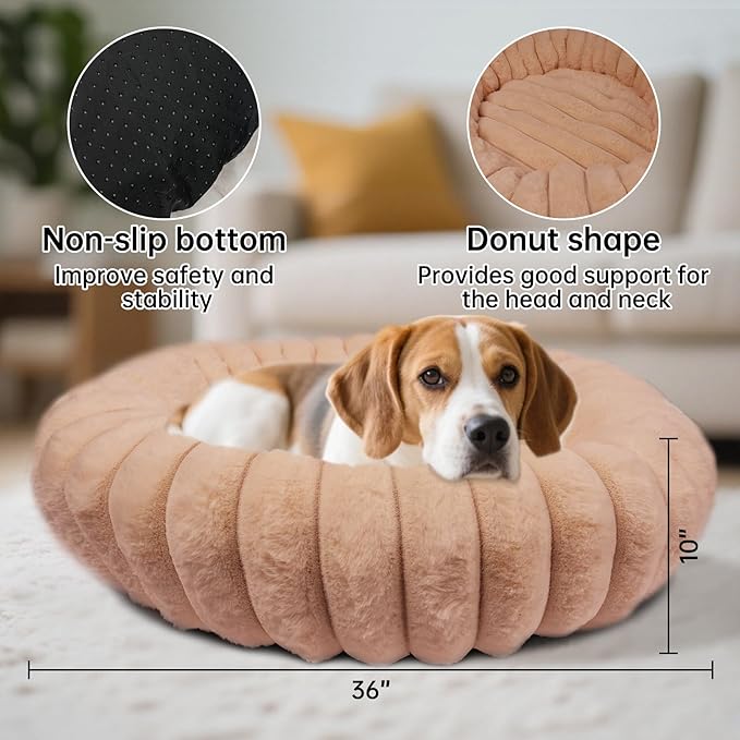 Donut Dog and Cat Bed, Luxurious Comfortable Faux Rabbit Fur Pet Beds, Round Anti-Anxiety Calming Puppy Kitten Bed with Anti-Slip Bottom for Small Medium Large Dogs & Cats(36", Brown)