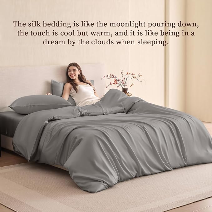 THXSILK 100% Pure Mulberry Silk Duvet Cover Set 3 Piece, 6A+ Grade Luxury Soft Bedding Silk Sheets for Hair and Skin, 1 Pcs Duvet/Quilt/Comforter Cover with 2 Zippered Pillowcases (Grey, Cal. King)
