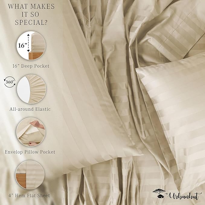 URBANHUT 1000 Thread Count Egyptian Cotton Damask Striped California King Sheets, Long Staple Soft & Breathable, 4 Pc Bed Sheet Sets, Luxury Hotel Sateen Sheets Fits 16" Deep Pocket - Ivory