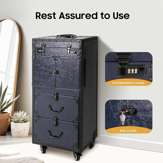 Rolling Makeup Case with Drawers,Hair Tool Organiser,Professional Barber Supplies Case,Hairdressing Tool Storage Cart,Haircut Makeup Salon Organizer with Wheels and Password Locks (Blue)