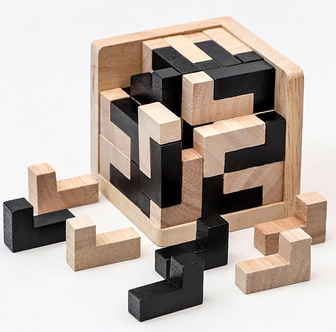 Wooden Brain Teaser Puzzle Skills Builder Shape Pieces Educational Toy for Kids and Adults (Black and Natural L Shape)