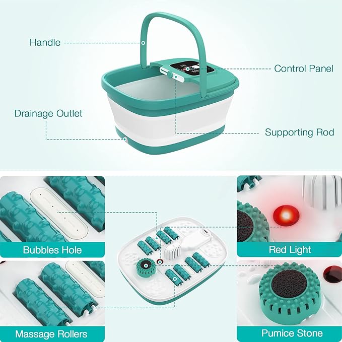 HOSPAN Collapsible Foot Spa with Heat, Bubble, Red Light, and Temperature Control, Foot Bath Massager with 8 Shiatsu Massage Rollers, Pedicure Foot Spa for Relaxation - FS01A