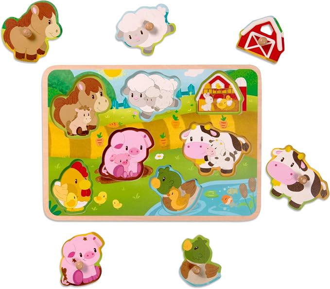 Battat Farm Animals Wooden Peg Puzzle, Farmland Toddler Toy, Wood Toys | 7 wooden pieces with easy-grip pegs and baby animal scenes under pieces for lift-and-match farm play, Wood Toys, 18+ Months